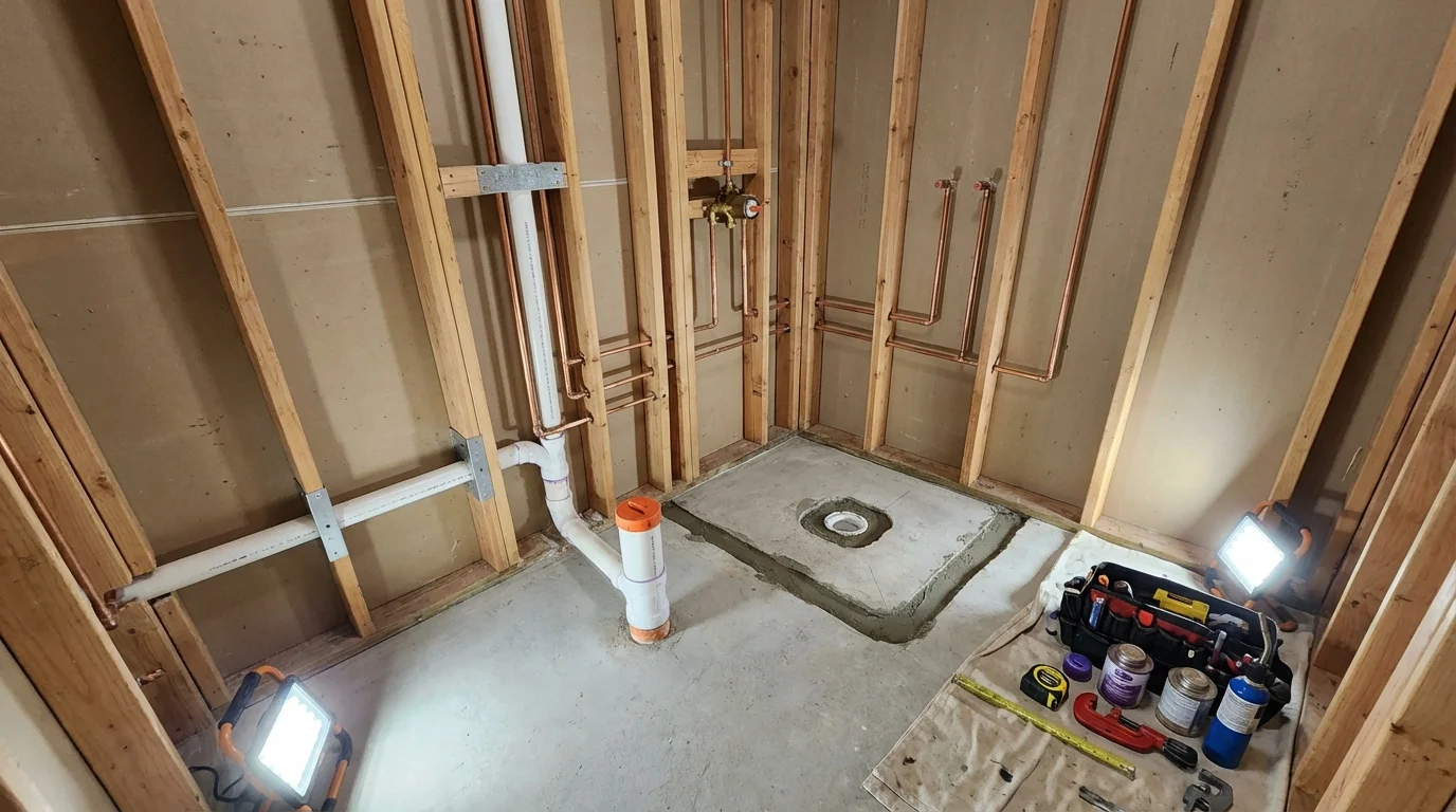 Bathroom rough-in plumbing during remodel by Johns Plumbing LLC in Gustine