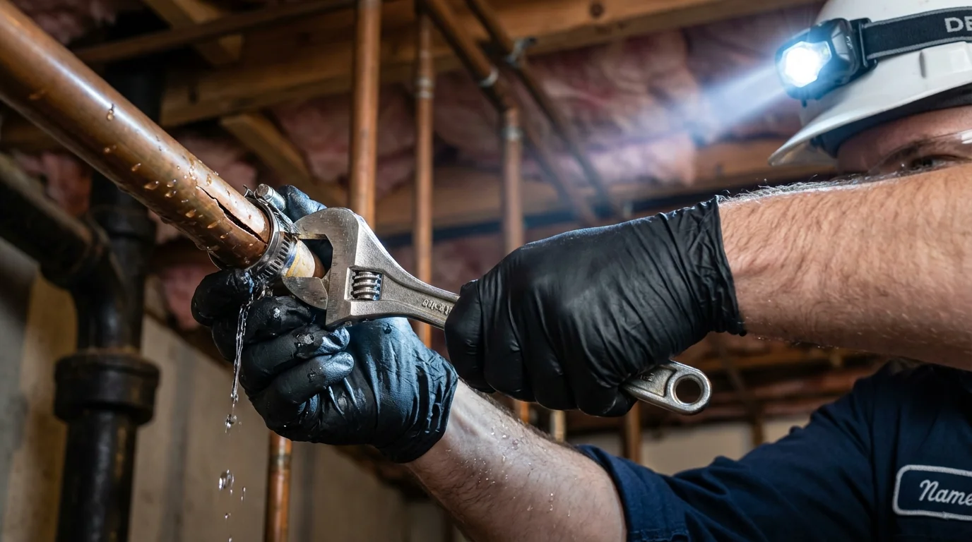 Emergency pipe clamp repair being performed by a Johns Plumbing LLC plumber in Gustine