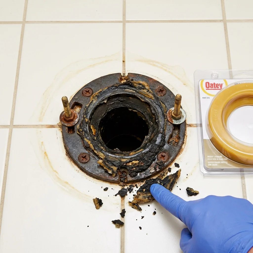 Failed wax ring showing water seepage at the base of a toilet in a Gustine, CA home