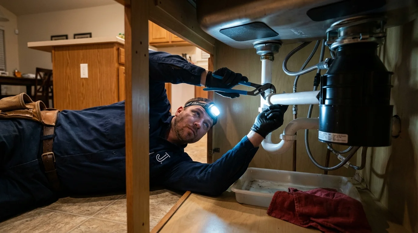 P-trap and supply line connections under a kitchen sink showing a common leak point in Gustine, CA